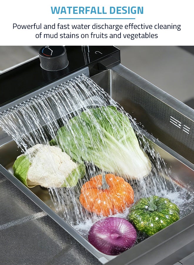 شاربدو حوض مطبخ مُدمج بتصميم شلال، 80 × 45 سم، حوض مطبخ مُدمج من الفولاذ المقاوم للصدأ بتصميم شلال، حوض مطبخ متعدد الوظائف ذو حوض واحد مع صنبور مطبخ - Image 4